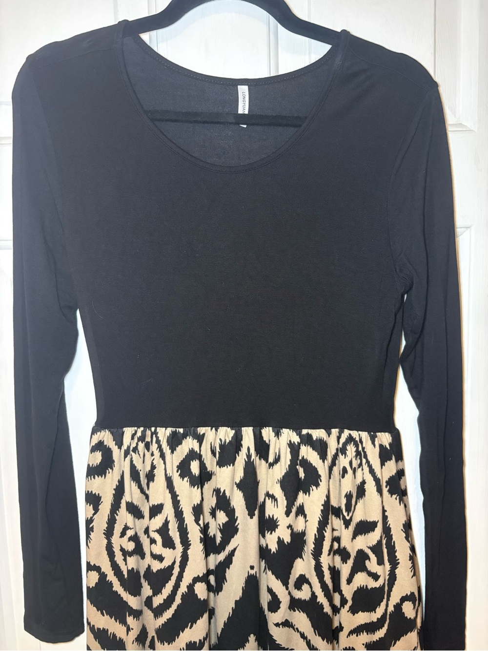 Women's Black Long-Sleeve Dress with Cream Patterned Skirt